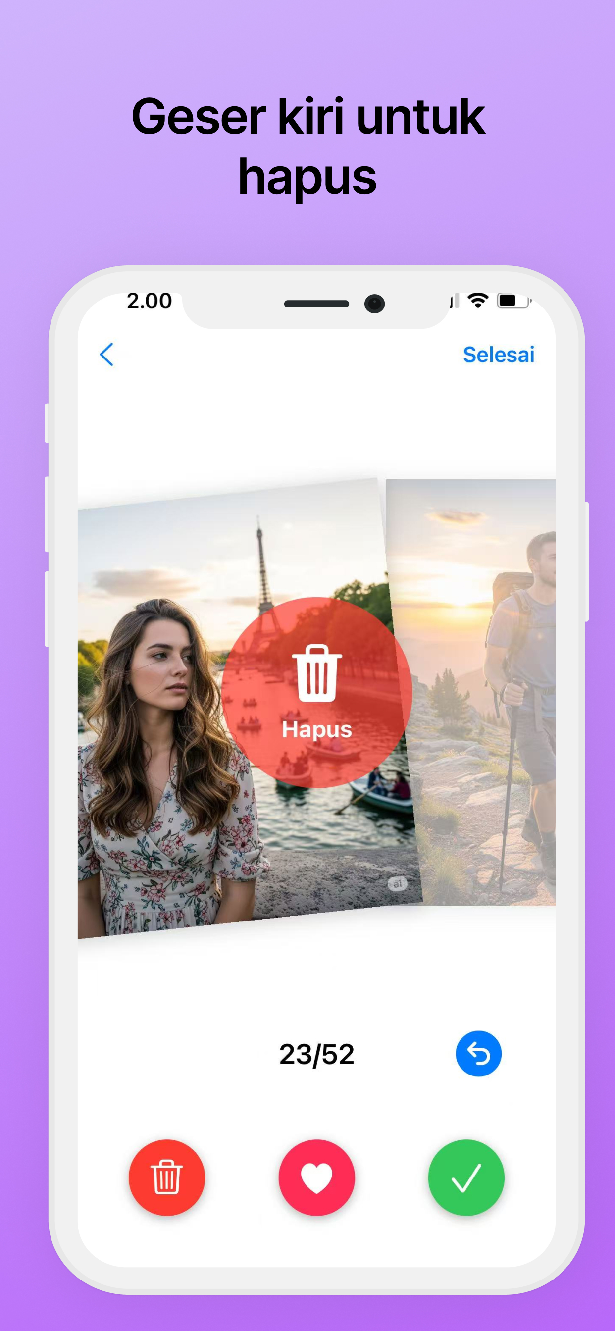 Hapus foto dengan swipe kiri
